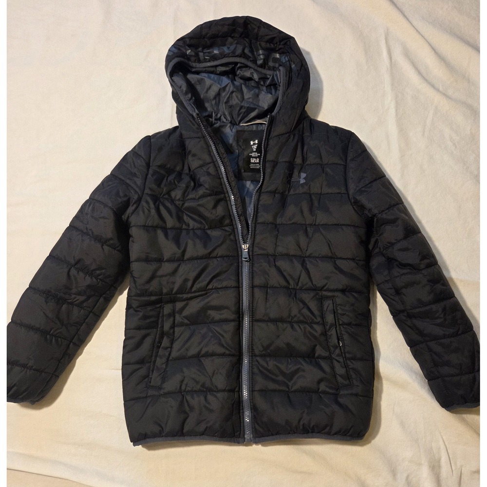Under Armour ColdGear Puffer Jacket Boys Youth M Black Hooded YMD